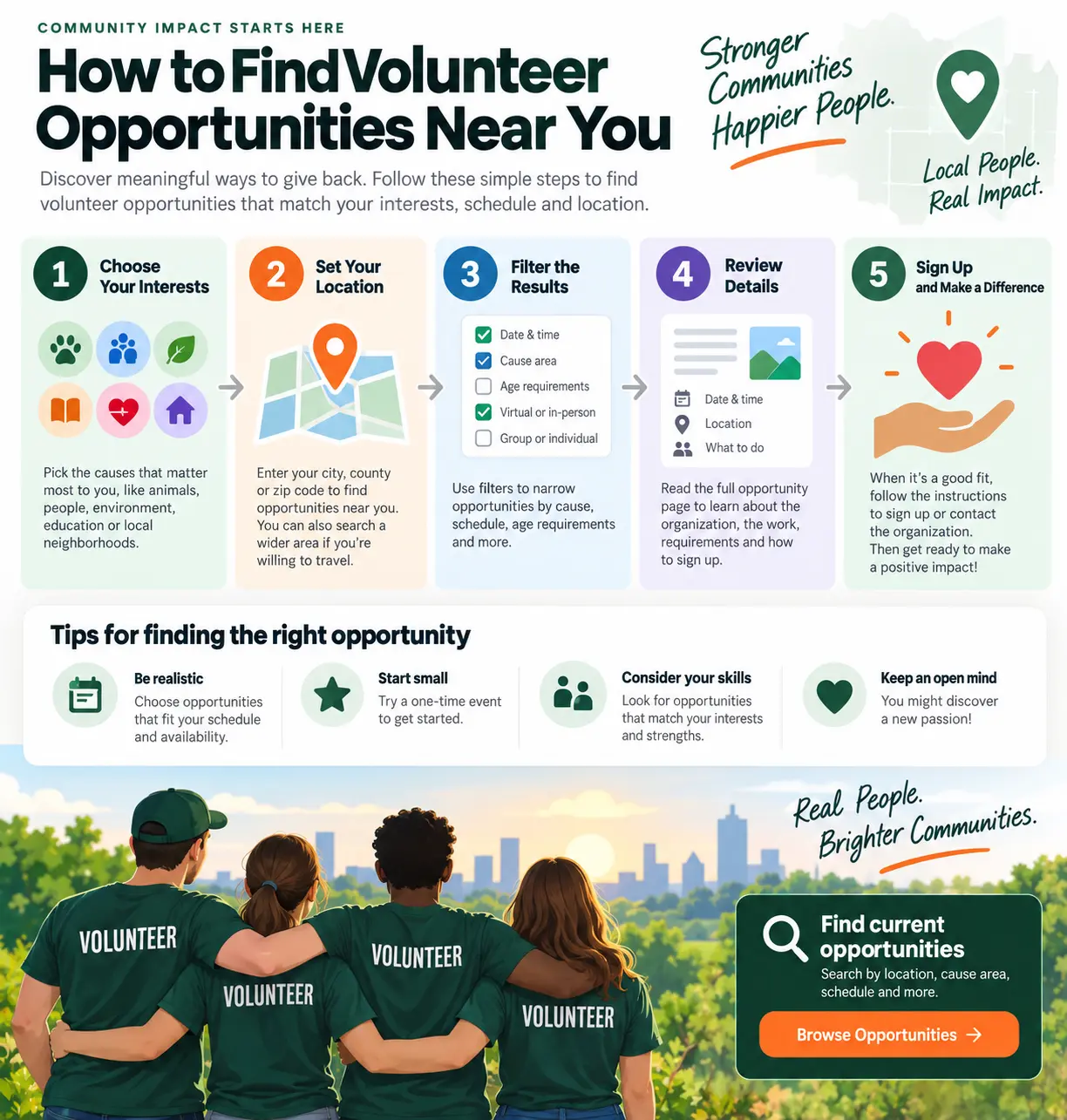 Five-step guide to finding volunteer opportunities: choose your interests, set your location, filter results, review details, and sign up.